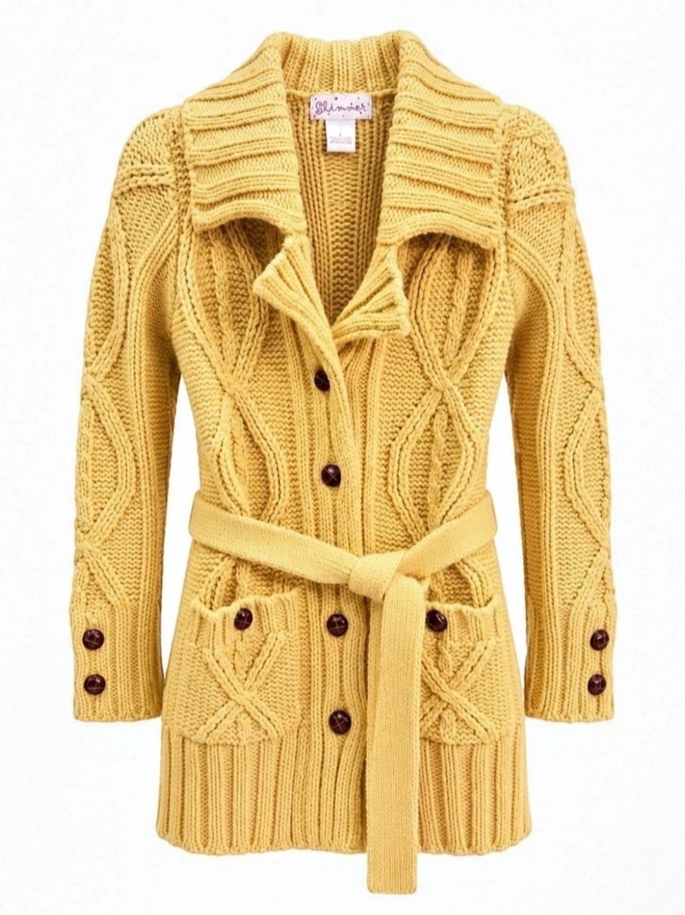 Yellow Cable Knit Belted Chunky Cardigan Sweater Coat Size Large